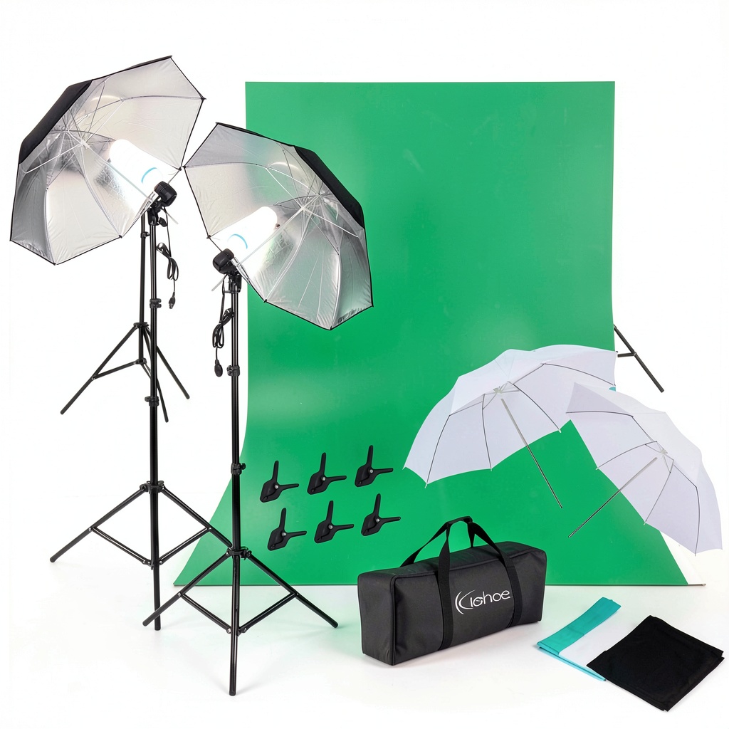Installing Kshioe 135W Photography Light Kit Studio Umbrellas Stands on a wooden desk