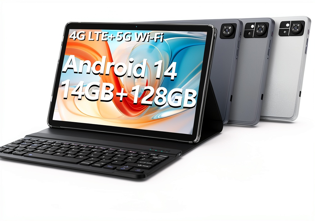Installing Kimlok Android 14 Tablet 10 Inch 14GB RAM 128GB Storage on a wooden desk