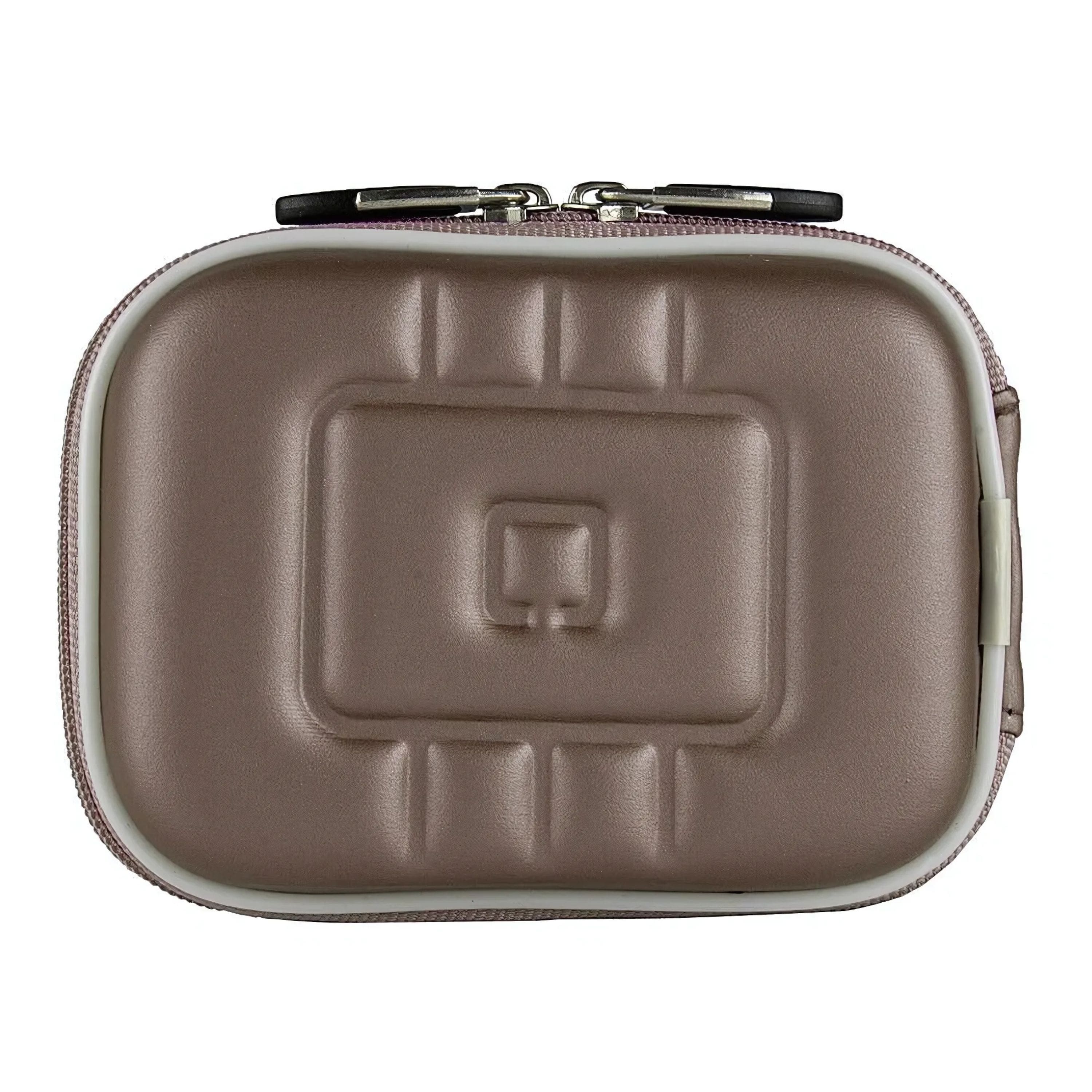 EVA camera case with compact digital camera inside, showing padded interior and zipper