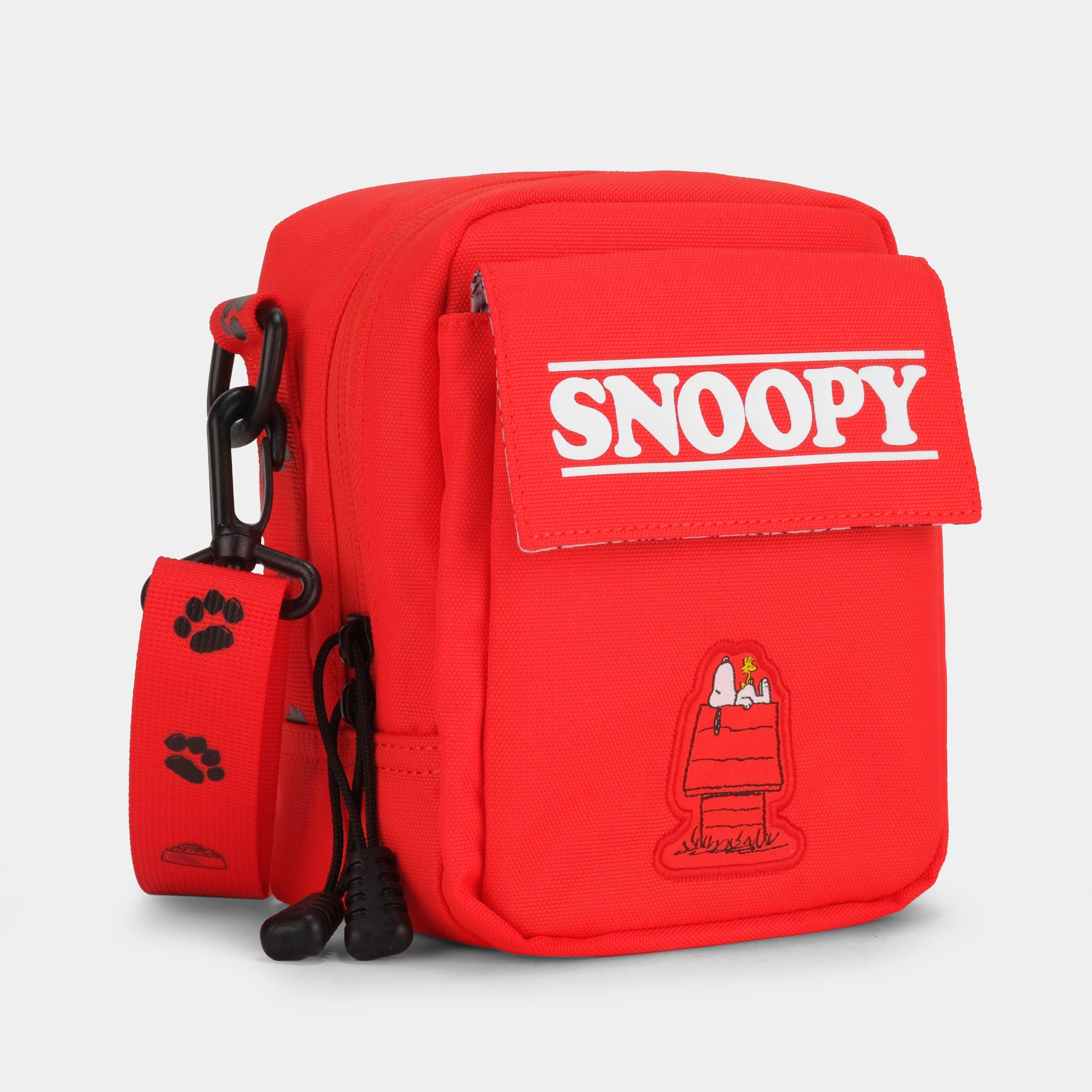 Snoopy camera bag showing front design with characters and storage pockets