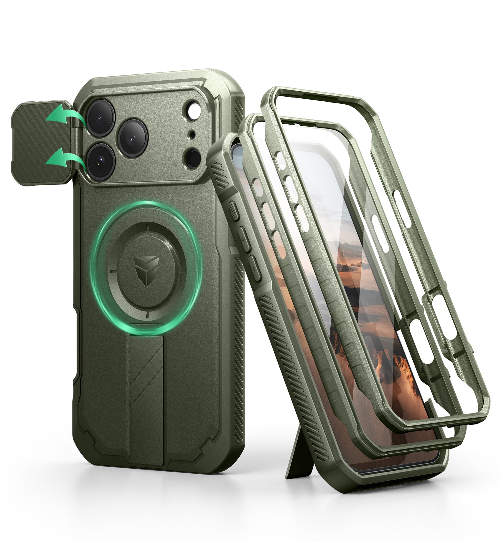 Dexnor iPhone 17 Pro Max case showing dual-layer construction and color options