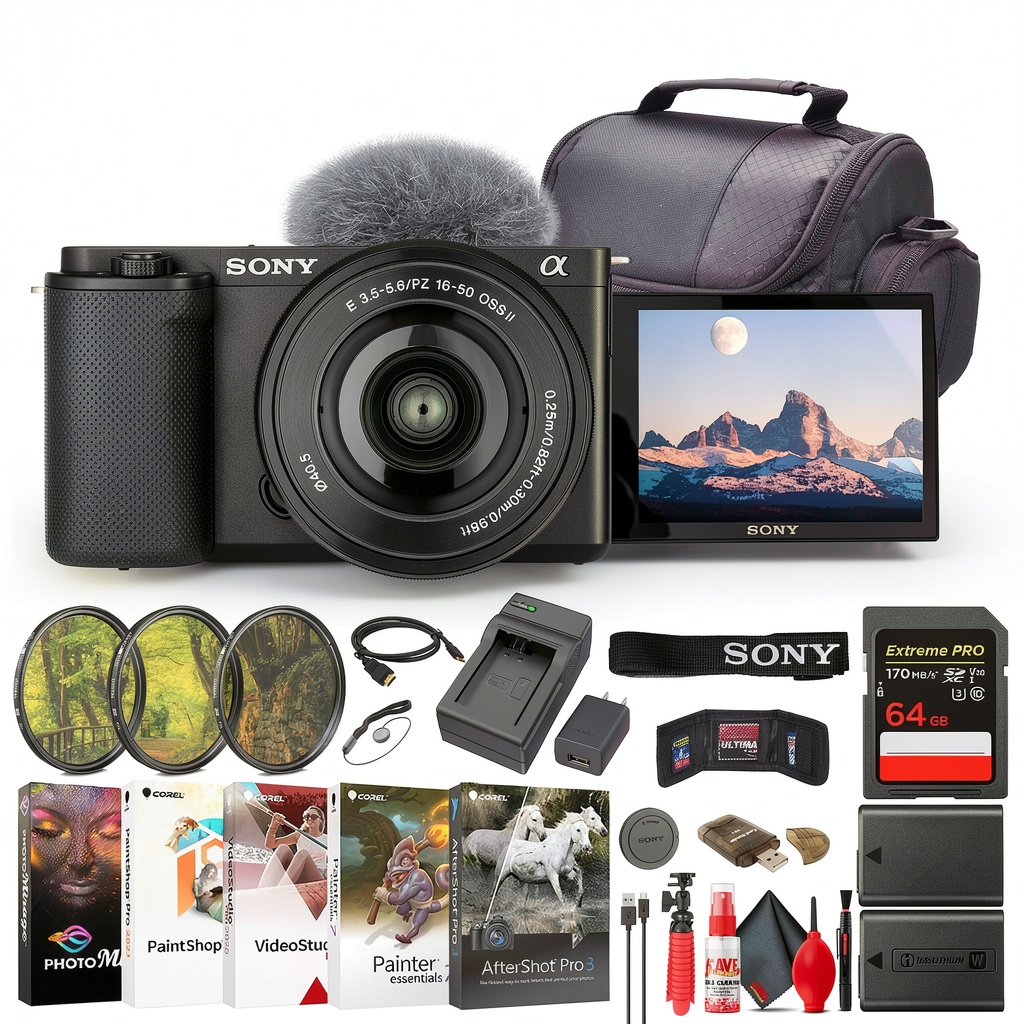 Installing Sony ZV‑E10 Mirrorless Camera Bundle Vlogging Content on a wooden desk