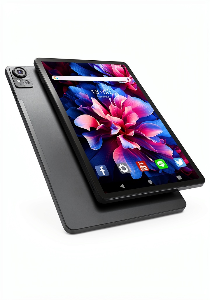 MEIZE Android 14 tablet with keyboard and accessories on a desk