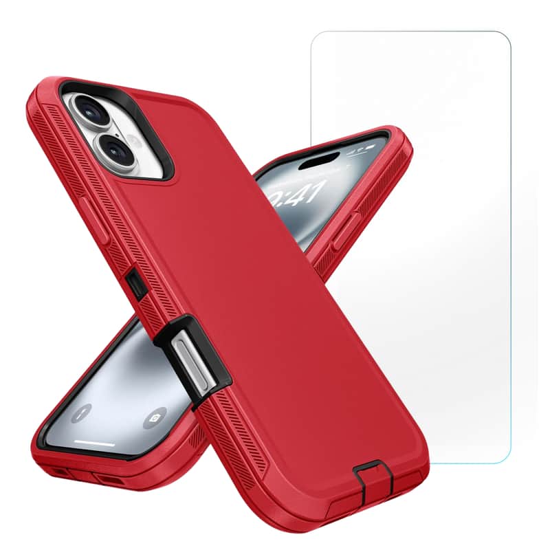 iPhone 17 with rugged case and screen protector showing raised edges and clear display