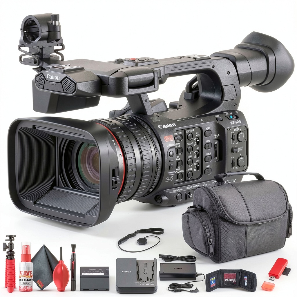 Canon XF605 UHD 4K HDR Pro Camcorder Bundle ENG Sports mounted on tripod during outdoor sports event