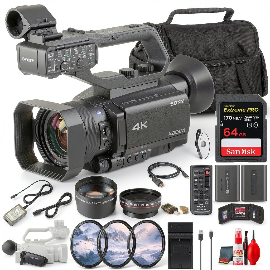 Sony PXW-Z90V 4K HDR camcorder with wireless microphone and accessories setup for live streaming