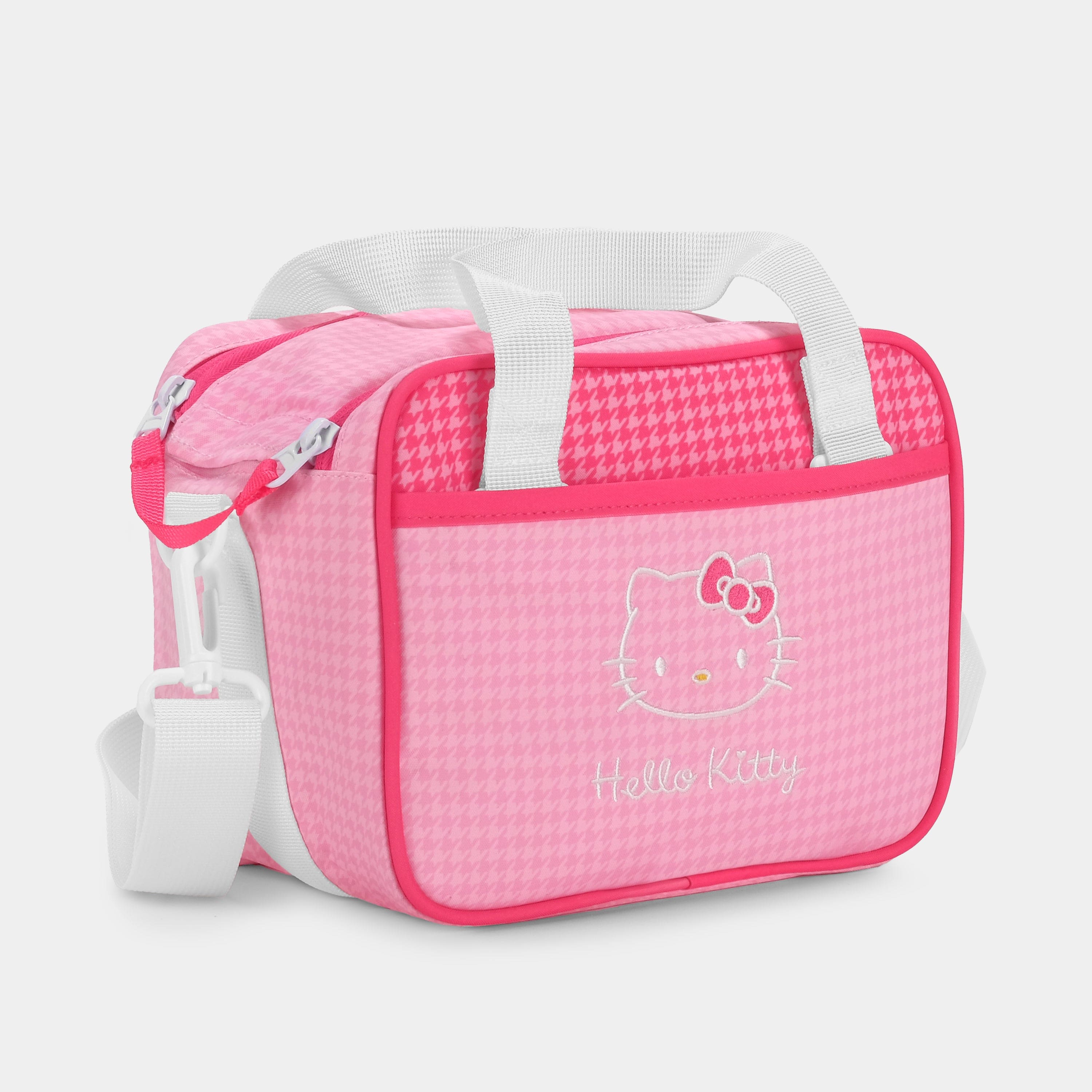 Hello Kitty Perfectly Pink Camera Bag showing houndstooth pattern and pockets