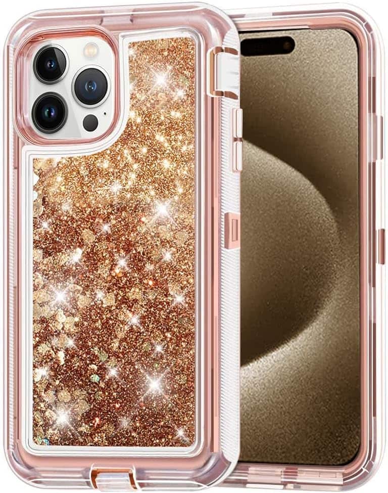 Entronix iPhone 15 Pro case showing glitter design and raised edges