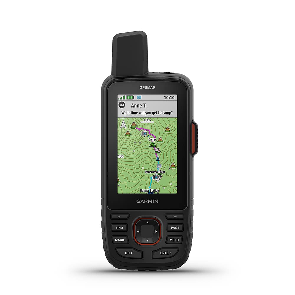 Garmin GPSMAP 67i GPS with Bluetooth for Outdoor Navigation mounted on hiking backpack shoulder strap