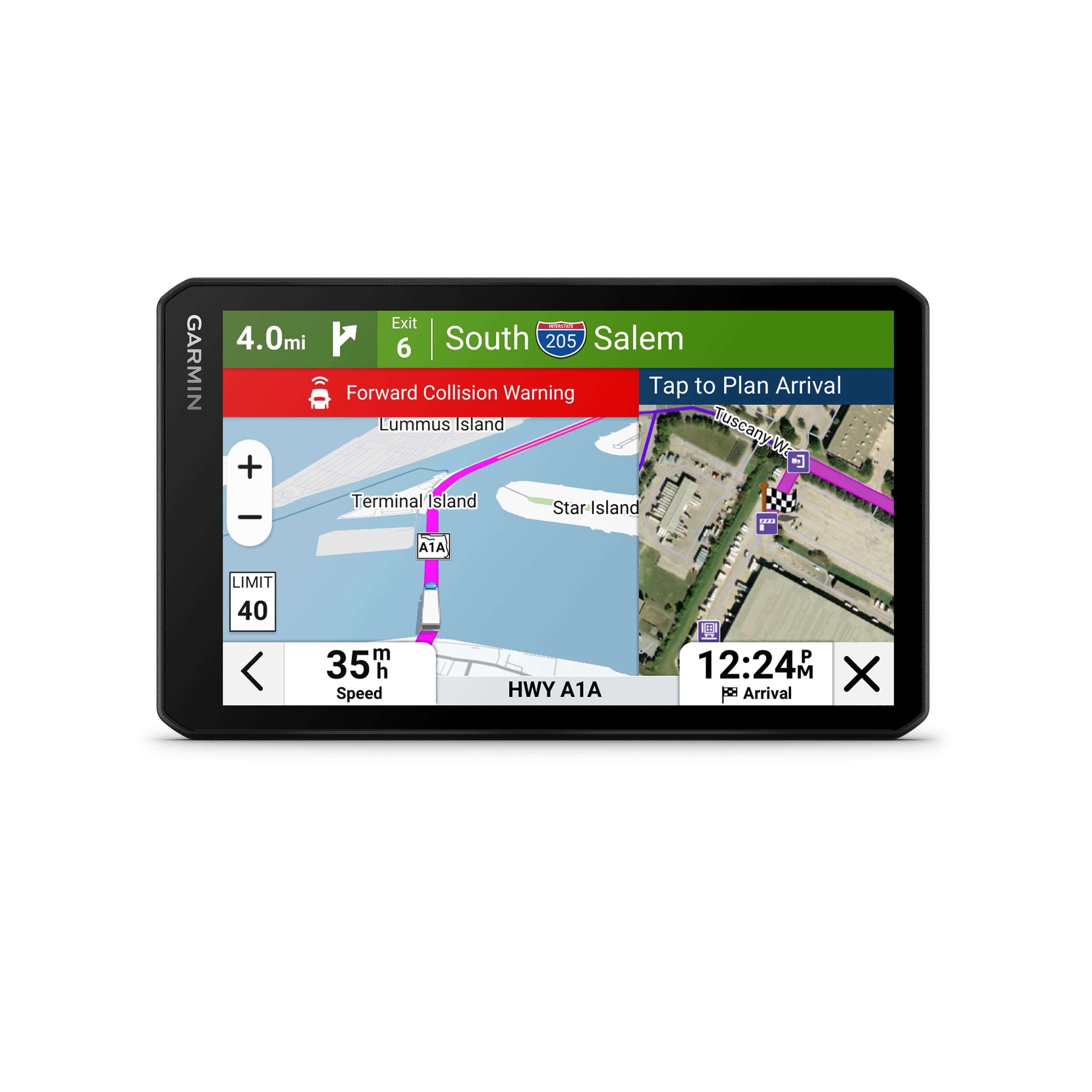 Garmin dezl OTR 725 mounted in a truck cabin