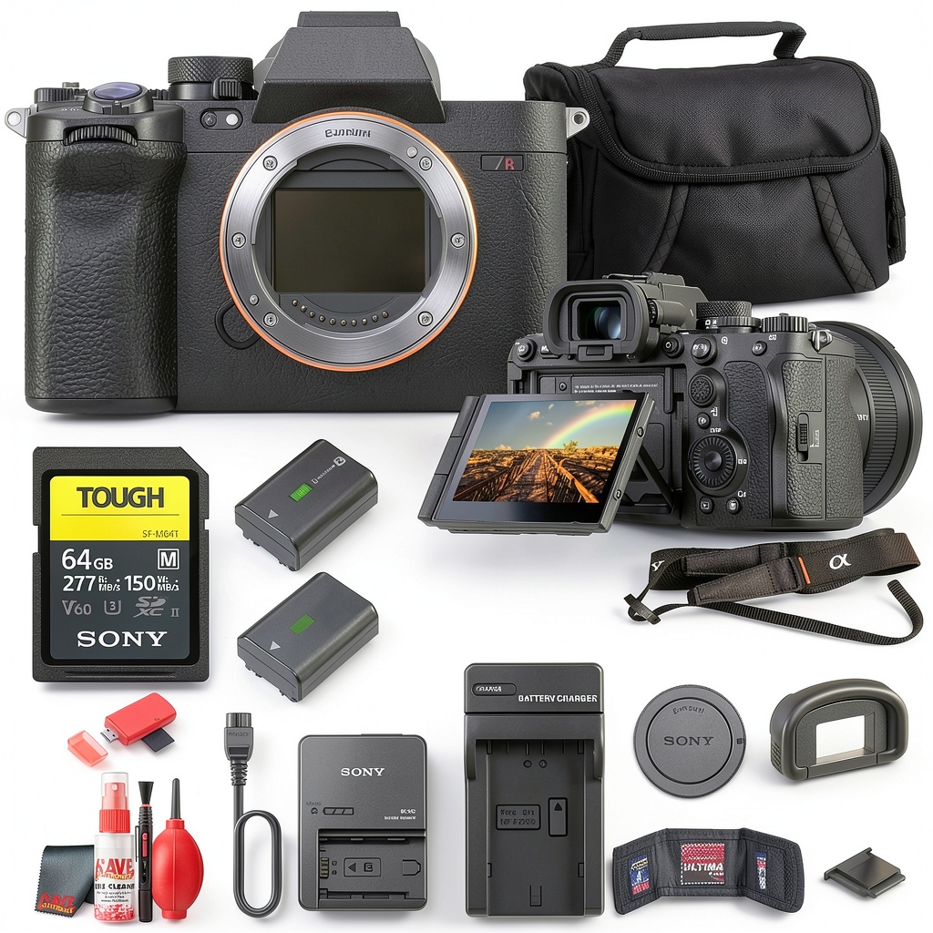 Installing Sony a7R V Mirrorless Camera Bundle 61MP AI AF on a wooden desk