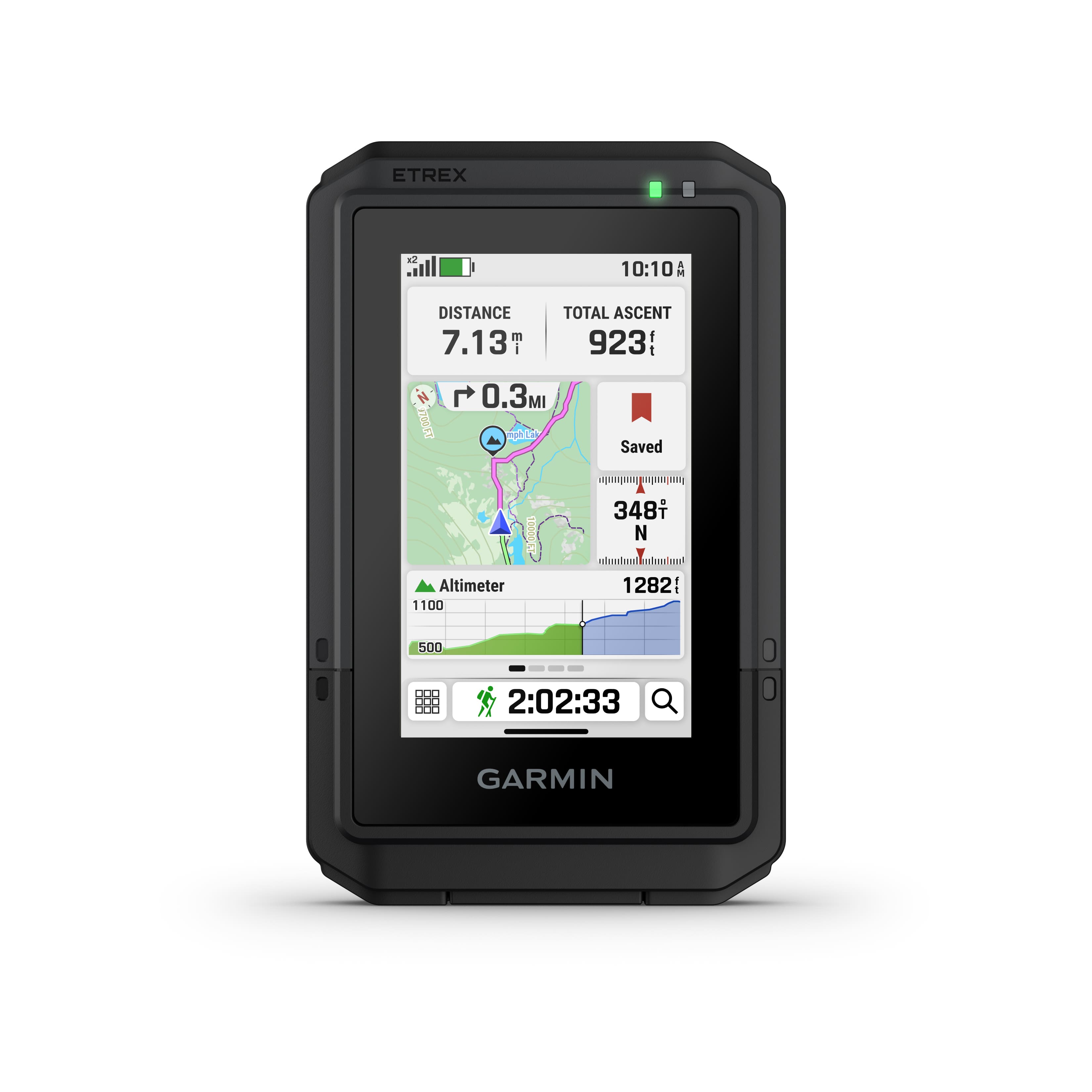 Garmin eTrex Touch GPS navigator displaying maps on a rugged outdoor trail