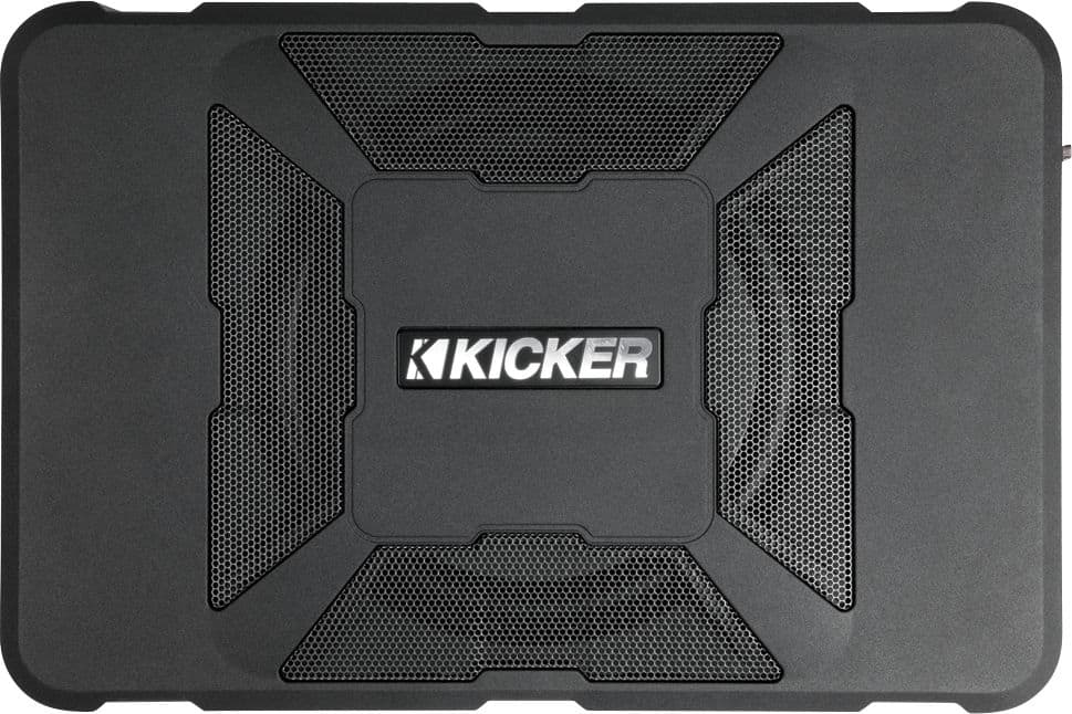 'KICKER Hideaway subwoofer installed in a car trunk'